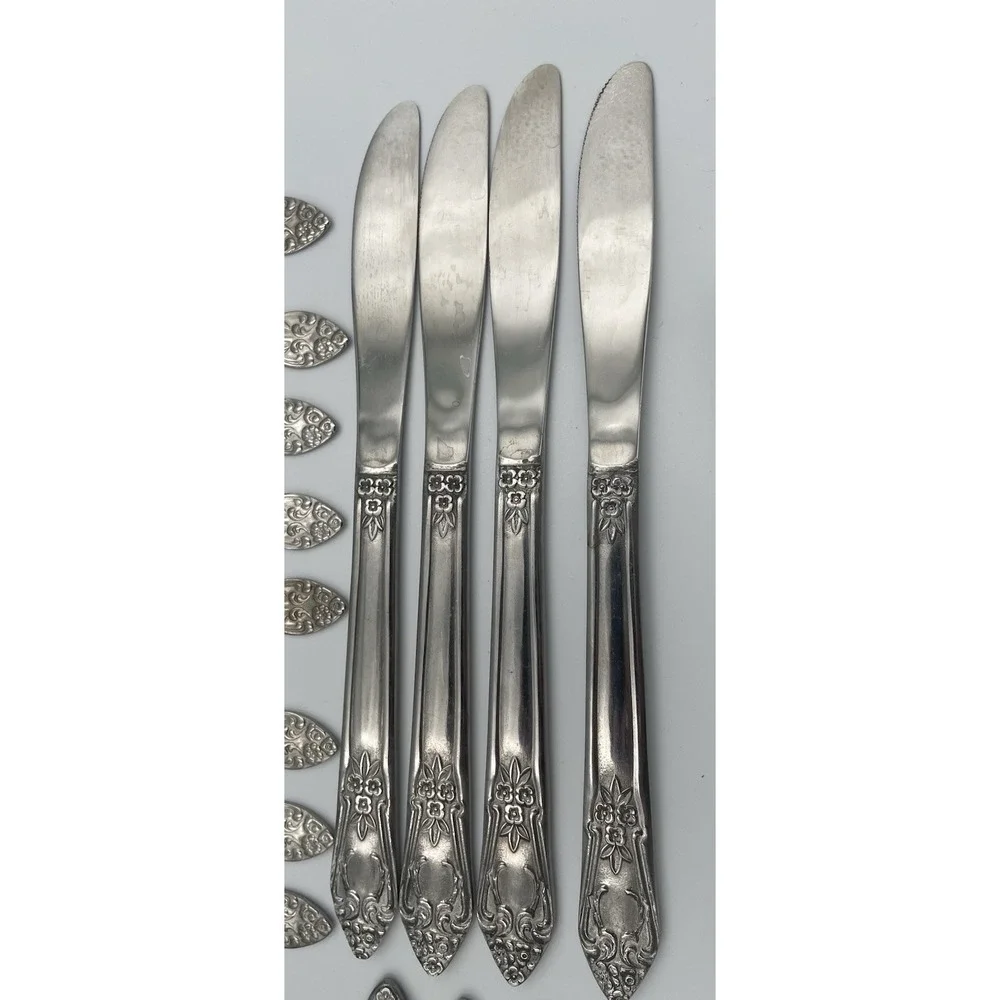 Vtg. 41 Piece Rogers Co. Japan Stainless Flatware Rose Pattern Knife Fork Spoon